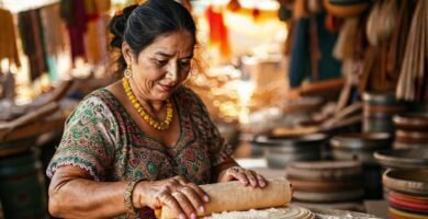 Mujer mexicana elabora tortillas coloridas y tradicionales