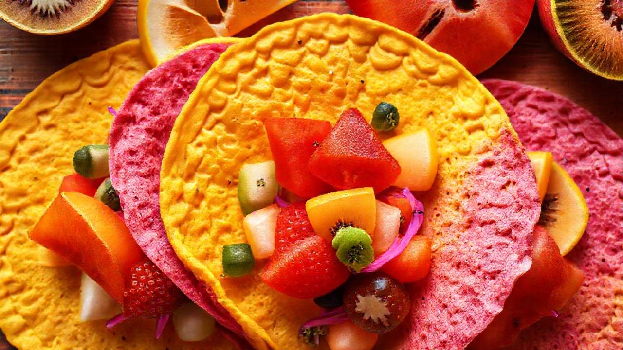 Tortillas coloridas y frutas frescas apetecibles