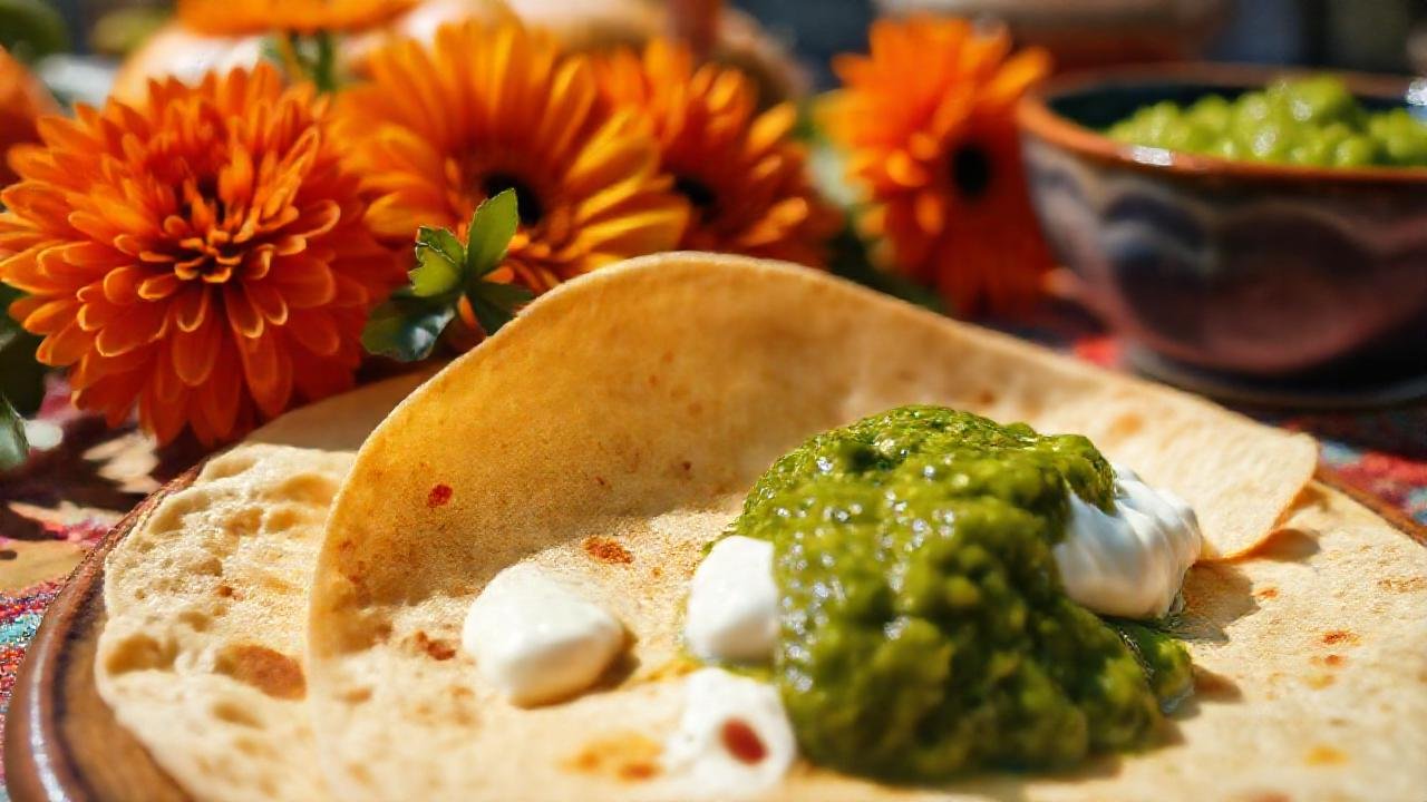 Tortillas, flores y salsa mexicana brillan
