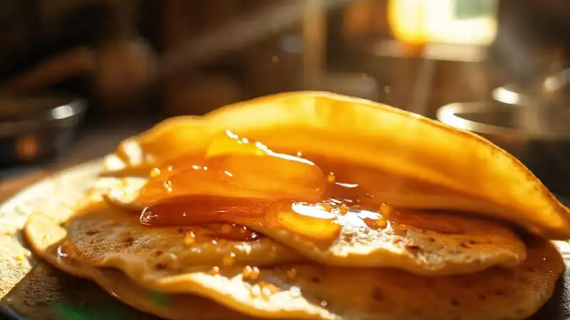 Miel dorada y tortillas humean tentadoras