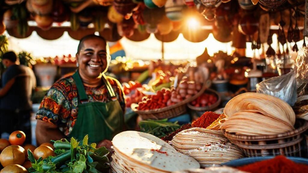 Mercado mexicano vibrante y lleno de color