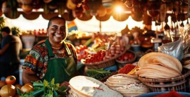 Mercado mexicano vibrante y lleno de color