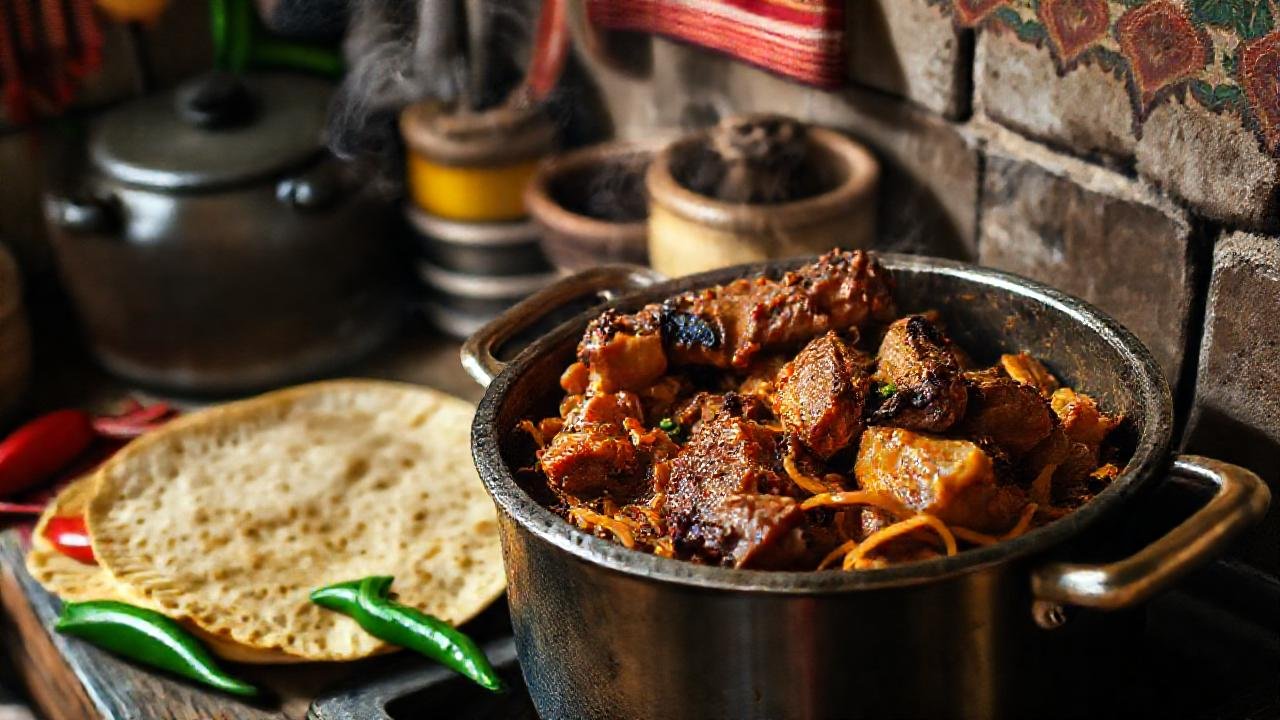 Cocina rústica, cerdo chispeante y tortillas