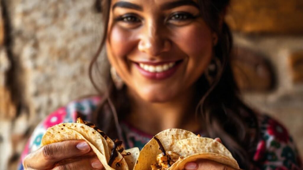 Mujer mexicana sonríe con comida colorida