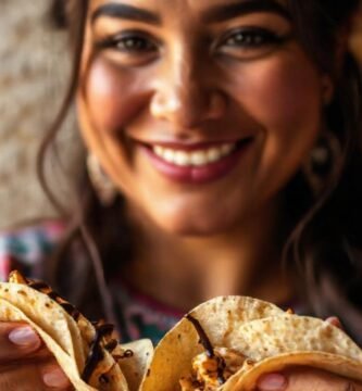 Mujer mexicana sonríe con comida colorida