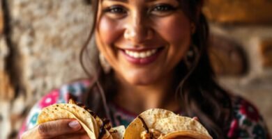 Mujer mexicana sonríe con comida colorida
