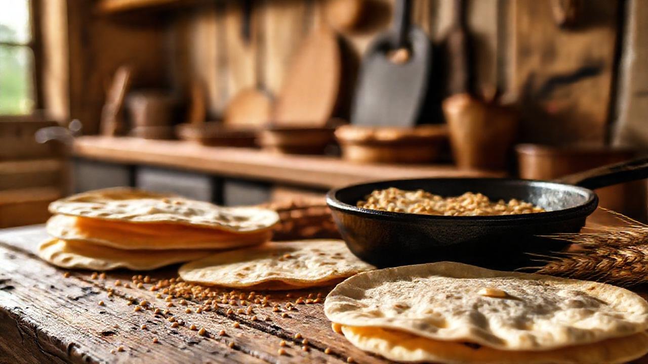 Cocina rústica, tortillas frescas y luz cálida