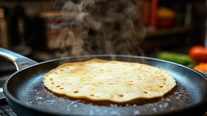 Tortilla dorada brilla en cocina cálida