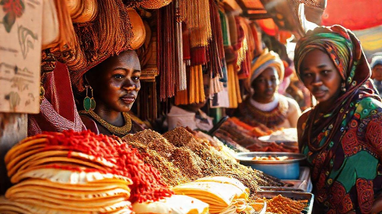 Mercado vibrante, culturas y colores cálidos