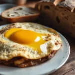 Una tortilla francesa dorada con pan rústico