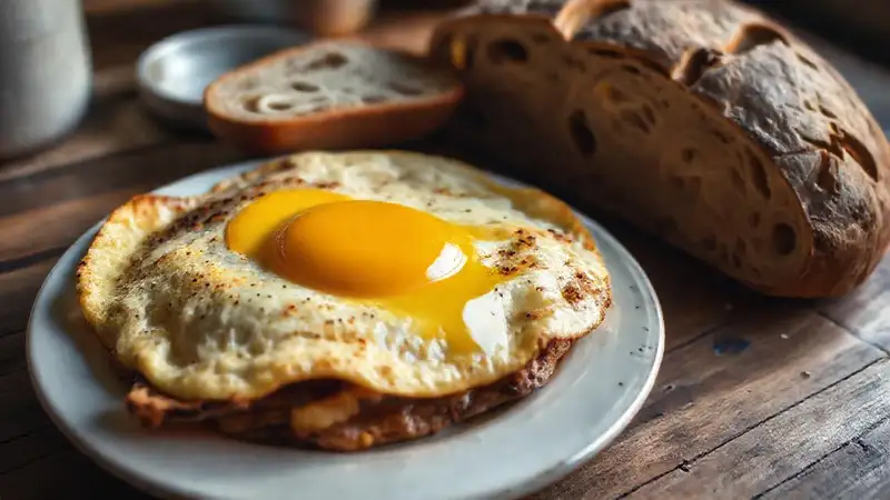 Una tortilla francesa dorada con pan rústico