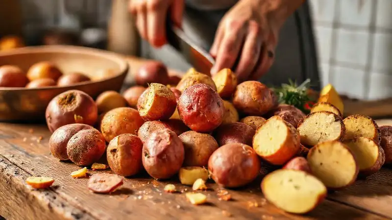 Cocina rústica: manos cortando patatas