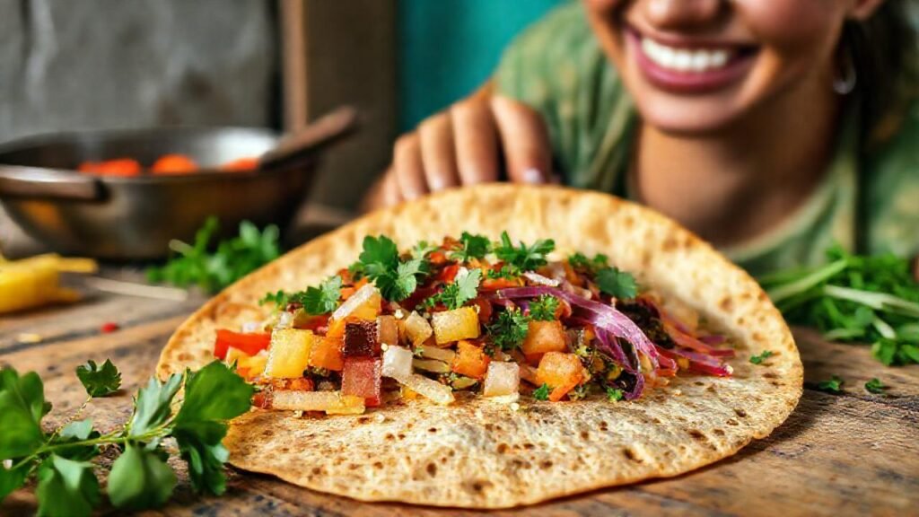 Una mujer cocina una tortilla colorida