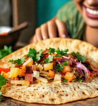 Una mujer cocina una tortilla colorida