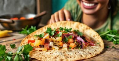 Una mujer cocina una tortilla colorida
