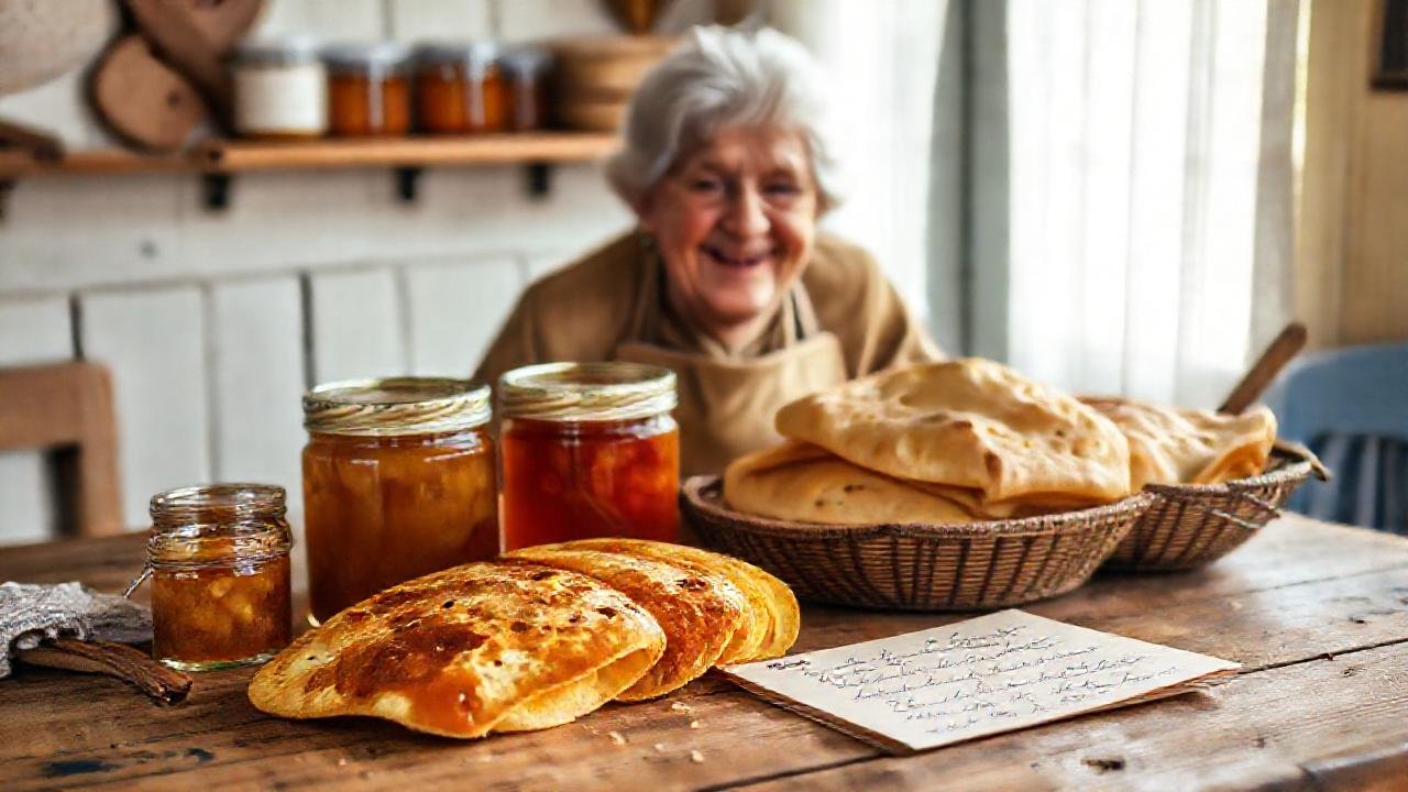 Una abuela feliz sirve una tortilla dorada