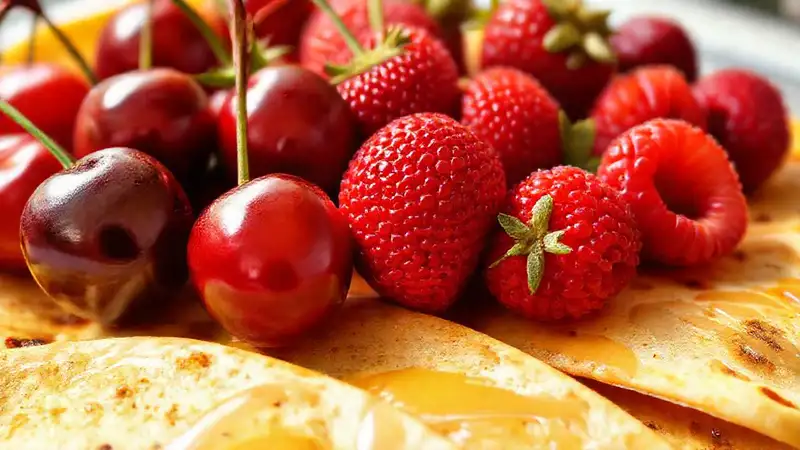 Dulces frutas y tortillas cálidas brillan
