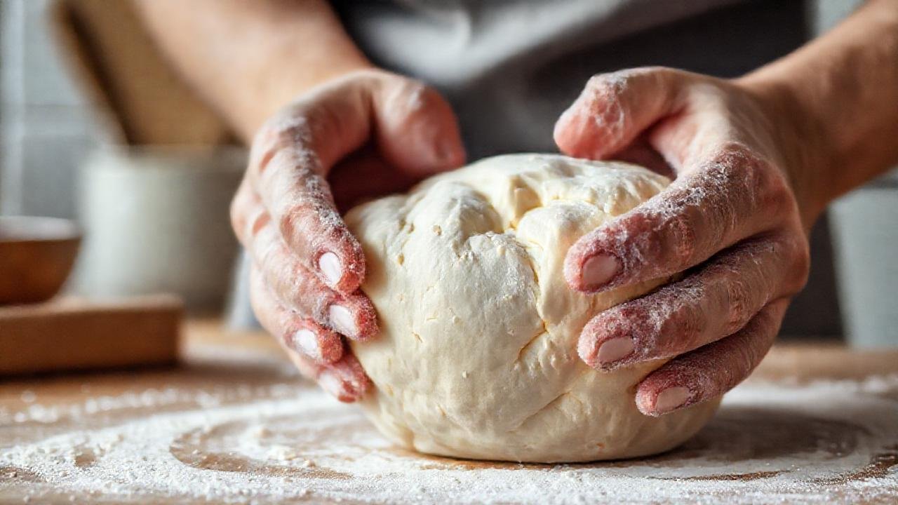 Manos amasan pan sin gluten artesanal