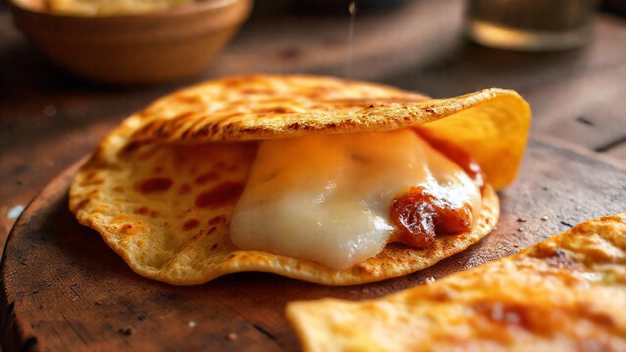 Tortilla dorada, queso fundido, deliciosa y artística