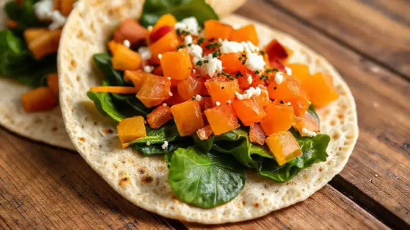 Tortilla vegana apetitosa, colorida y fresca