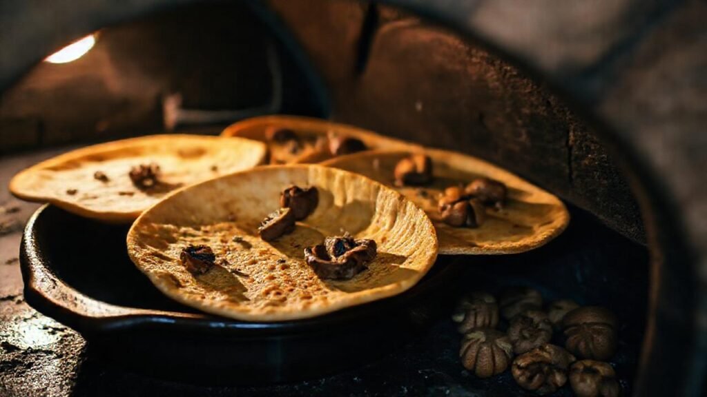 Tortillas doradas con hongos y nueces