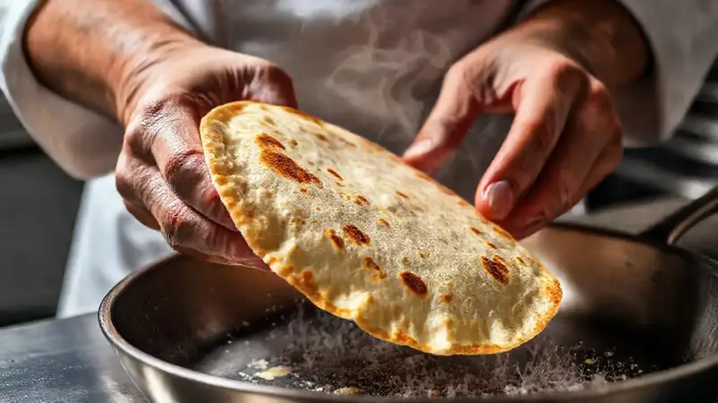 Manos de chef crean tortilla dorada