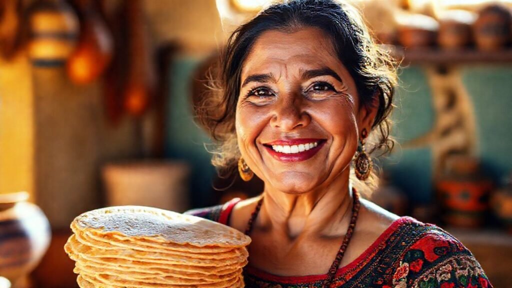 Mujer mexicana sonríe con tortilla brillante