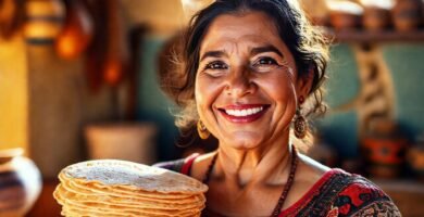 Mujer mexicana sonríe con tortilla brillante