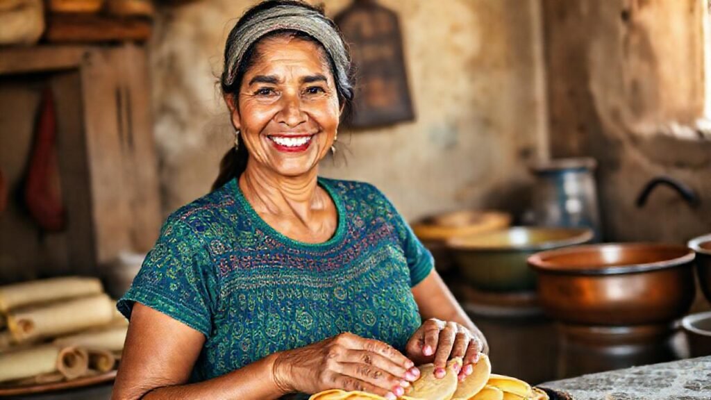 Mujer sonriente crea tortillas tradicionales y cálidas