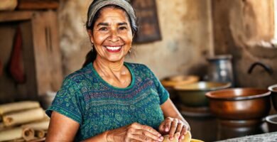Mujer sonriente crea tortillas tradicionales y cálidas