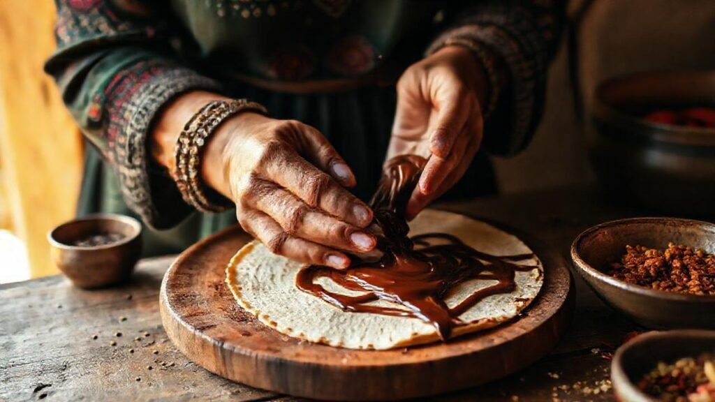 Mujer mexicana horneando tortillas con chocolate