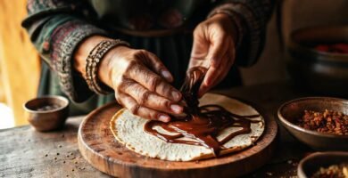Mujer mexicana horneando tortillas con chocolate
