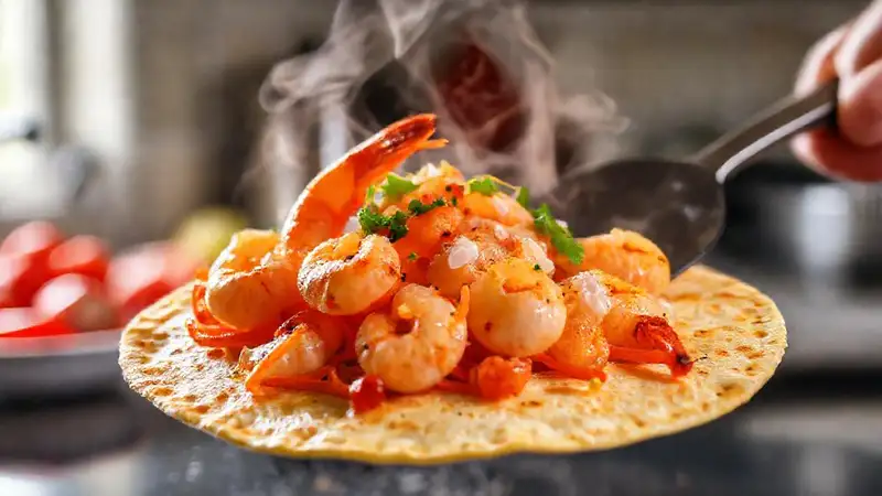 Tortilla brillante con gambas, apetitosa