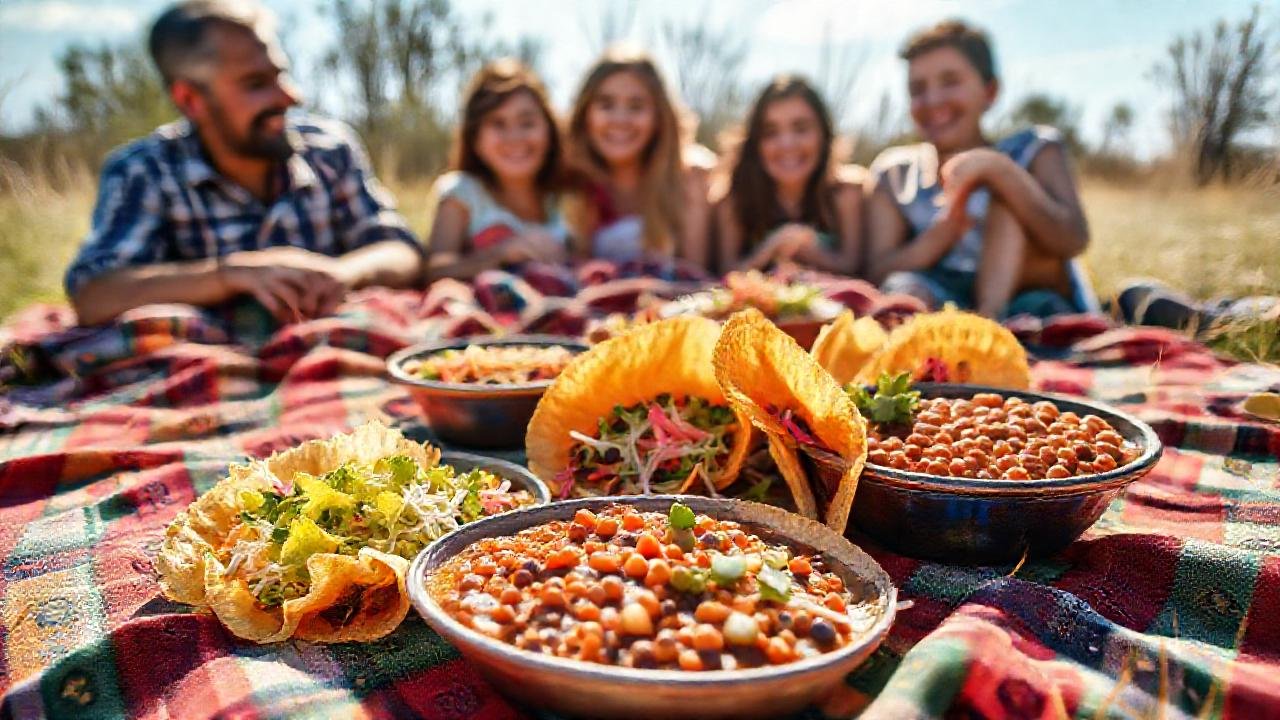 Familia feliz disfruta picnic colorido al aire libre