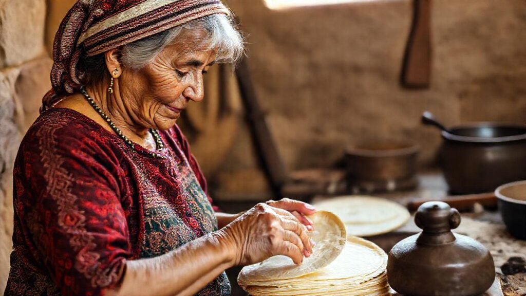 Una anciana cocina tortillas con belleza simple