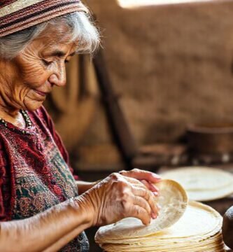 Una anciana cocina tortillas con belleza simple