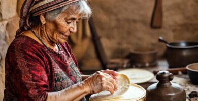 Una anciana cocina tortillas con belleza simple