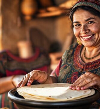 Mujer mexicana cocina tortillas con alegría