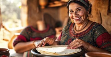 Mujer mexicana cocina tortillas con alegría