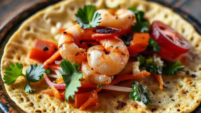 Tortilla apetitosa con mariscos frescos