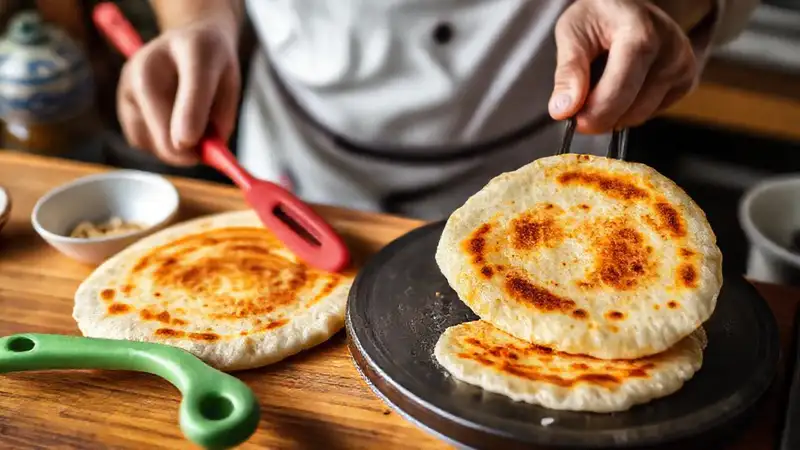 Un chef feliz prepara panqueques japoneses coloridos