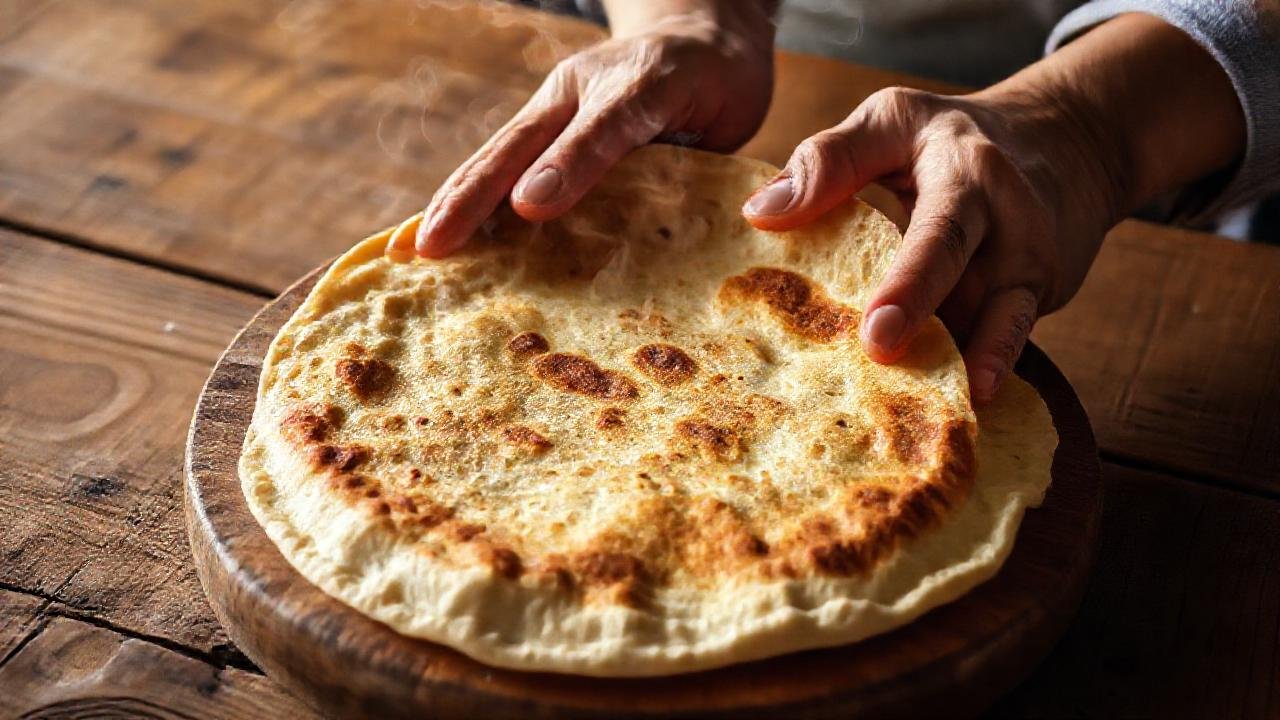 Tortilla española humeante en mesa rústica