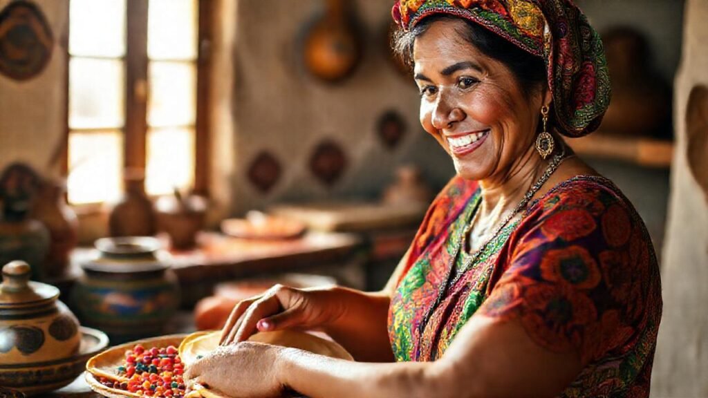 Una mexicana feliz cocina con colores