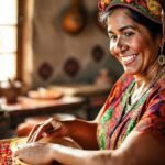 Una mexicana feliz cocina con colores