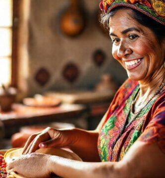 Una mexicana feliz cocina con colores