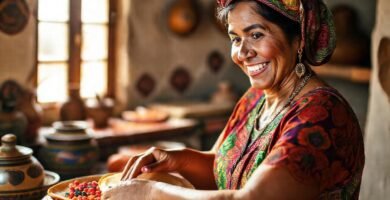 Una mexicana feliz cocina con colores