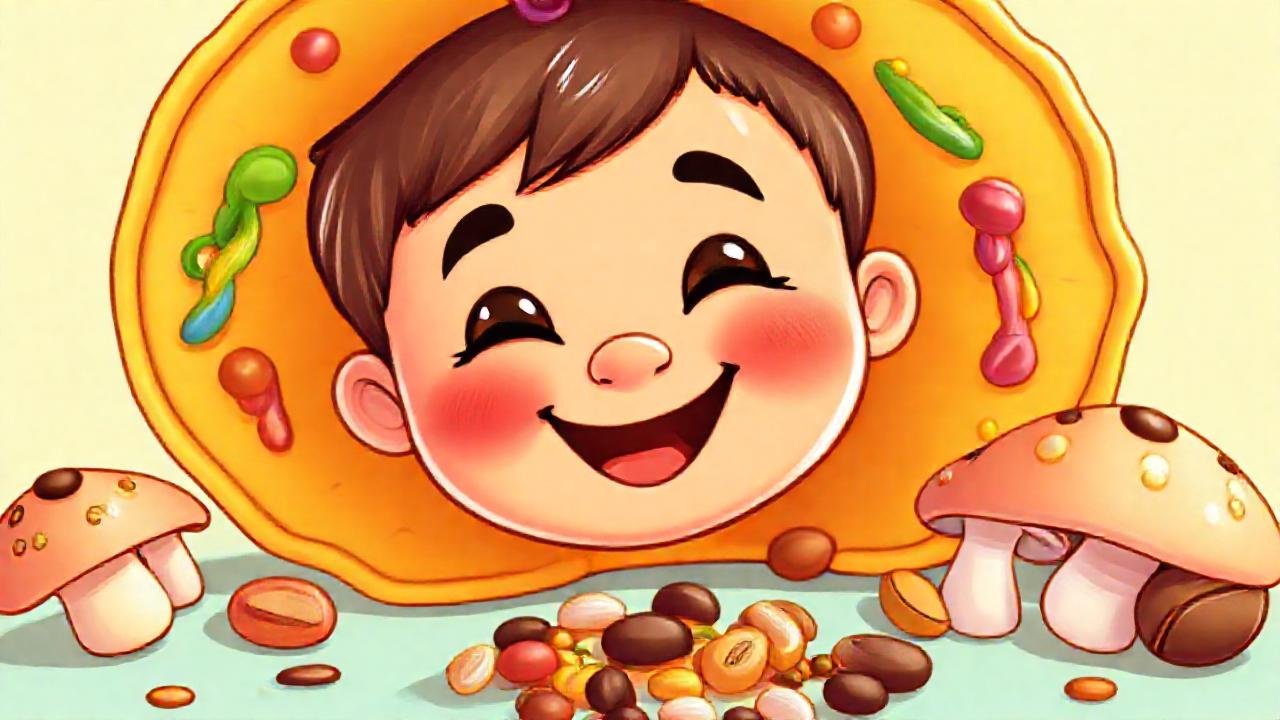 Niño alegre con comida colorida