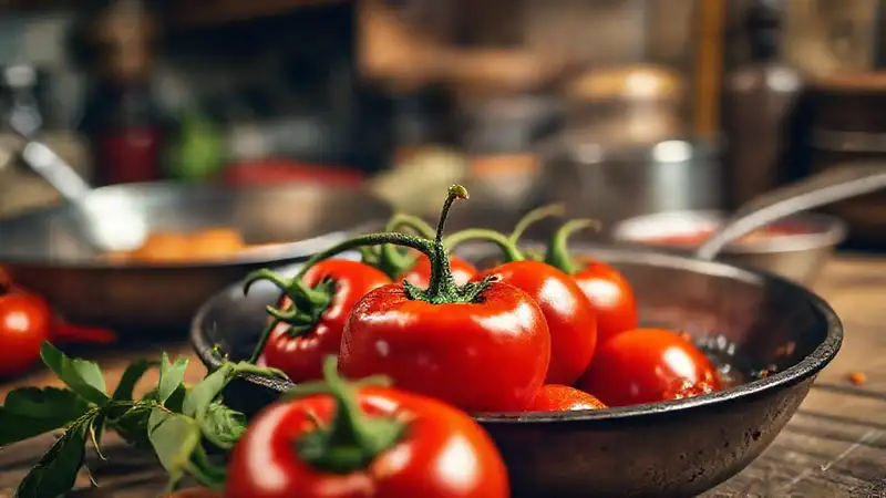 Tomates rojos y menemen brillan cálidamente