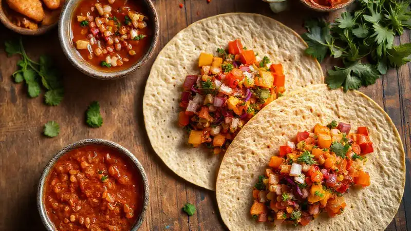 Tortillas de batata veganas, salsa vibrante y apetitosa