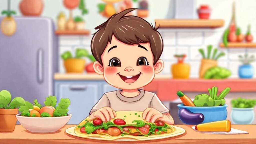 Familia feliz en cocina colorida